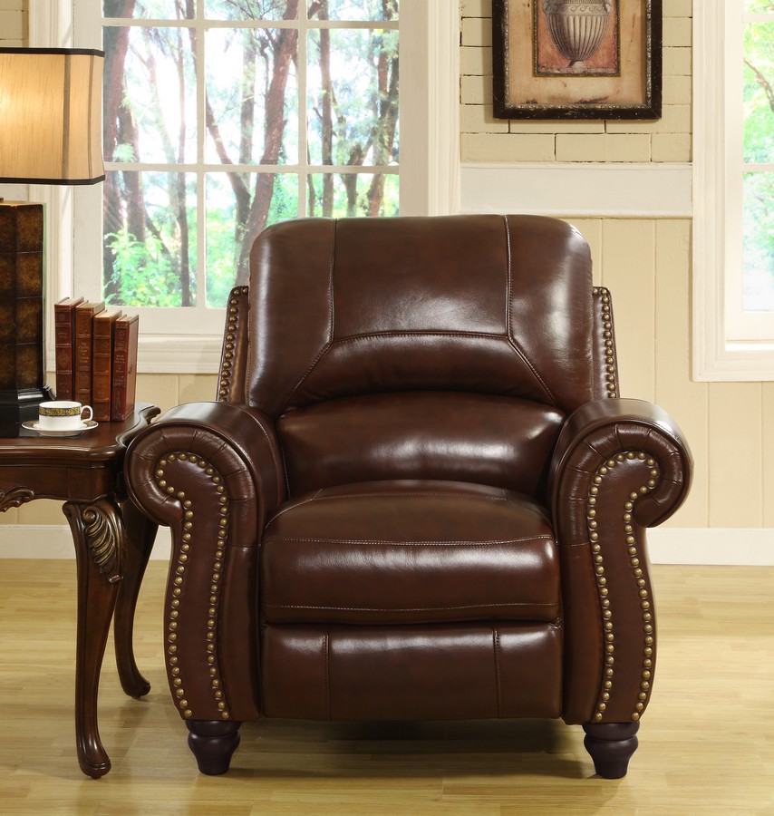 Abbyson Living Charlotte Leather Pushback Reclining Arm Chair in Burgundy