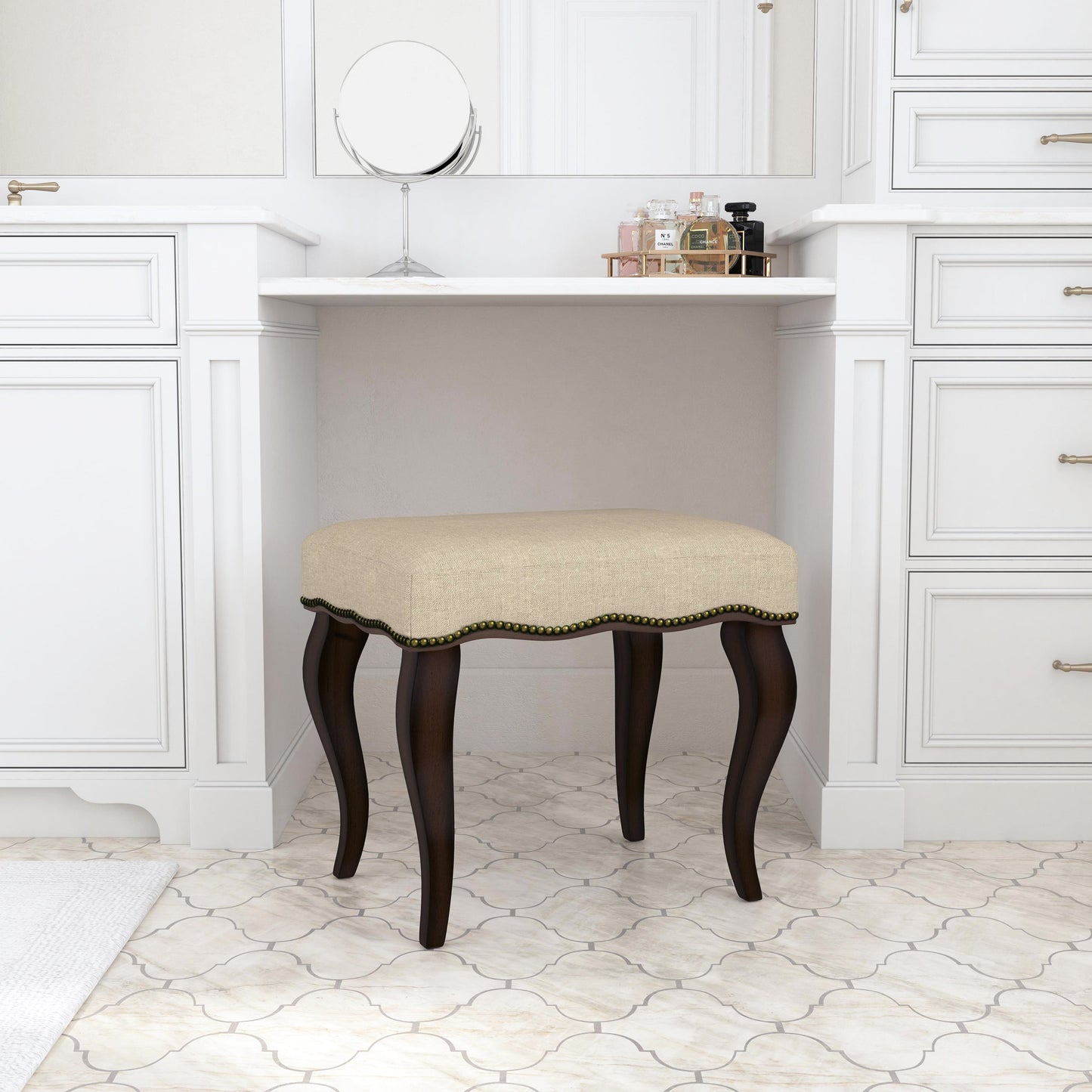 Hillsdale Furniture Hamilton Wood and Upholstered Backless Vanity Stool, Burnished Oak