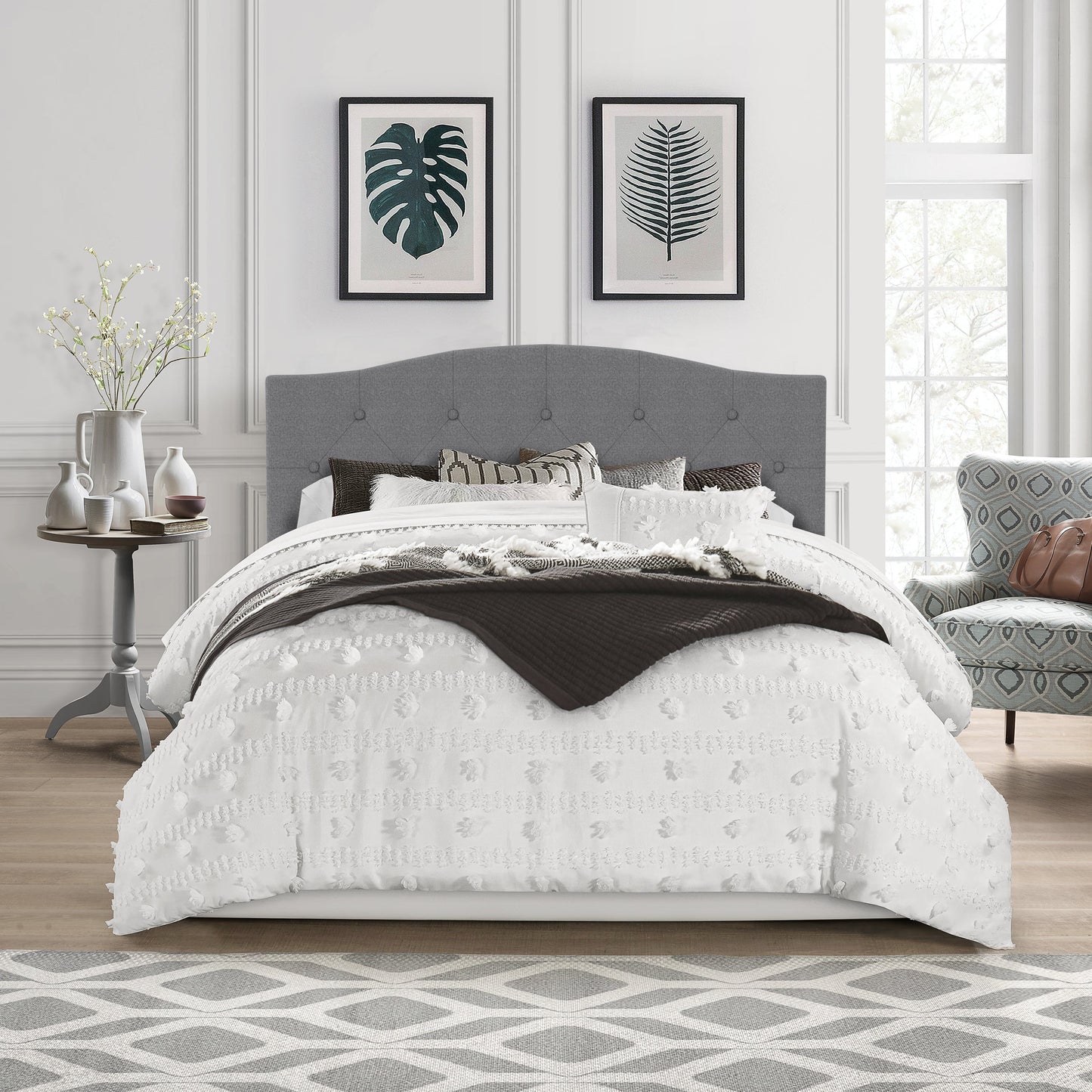 Living Essentials by Hillsdale Provence Upholstered Arch Adjustable Tufted Full/Queen Headboard with Frame, Glacier Gray Fabric